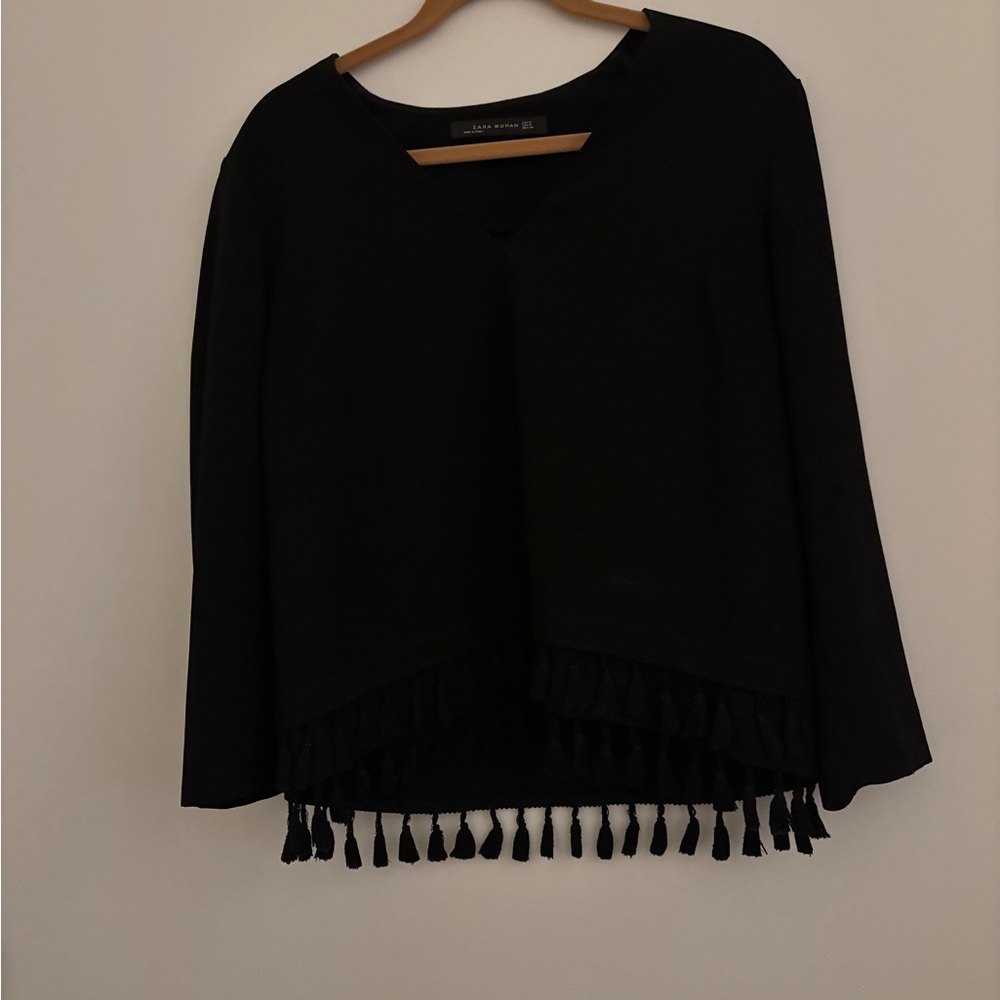 Zara Black V-Neck Blouse with Tassel Detail
